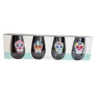Day of The Dead / Sugar Skull Stemless Wine Glasses ~  Set Of 4 New